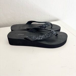 Lane Bryant Black Embellished Strap Wedge Flip Flip Sandals, Size 10